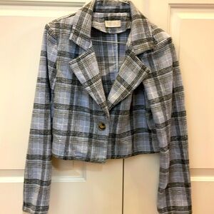 EUC Adorable Alter’d State baby blue cropped plaid jacket size small